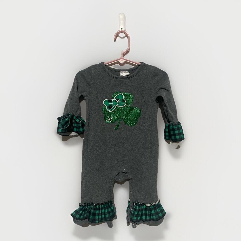 St Patricks Romper Jumpsuit Green Shamrocks Ruffles‎ Size 6-12 Months